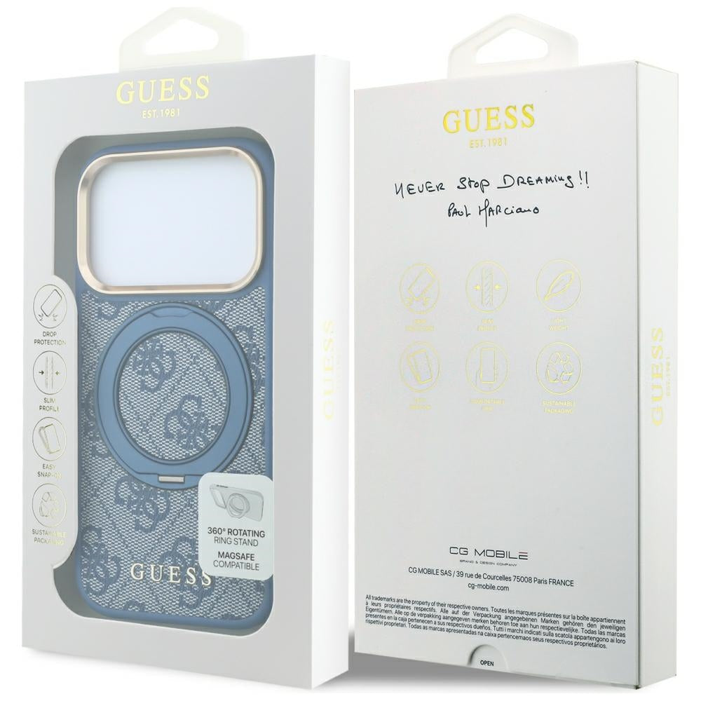 MagSafe-deksel for Apple iPhone 18 Pro / 17 Pro, Guess, Ring Stand 360 4G Classic Logo, Blå