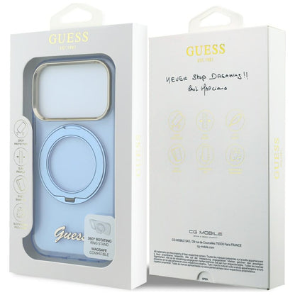 MagSafe-deksel for Apple iPhone 18 Pro / 17 Pro, Guess, Ring Stand Script Metallogo, Blå