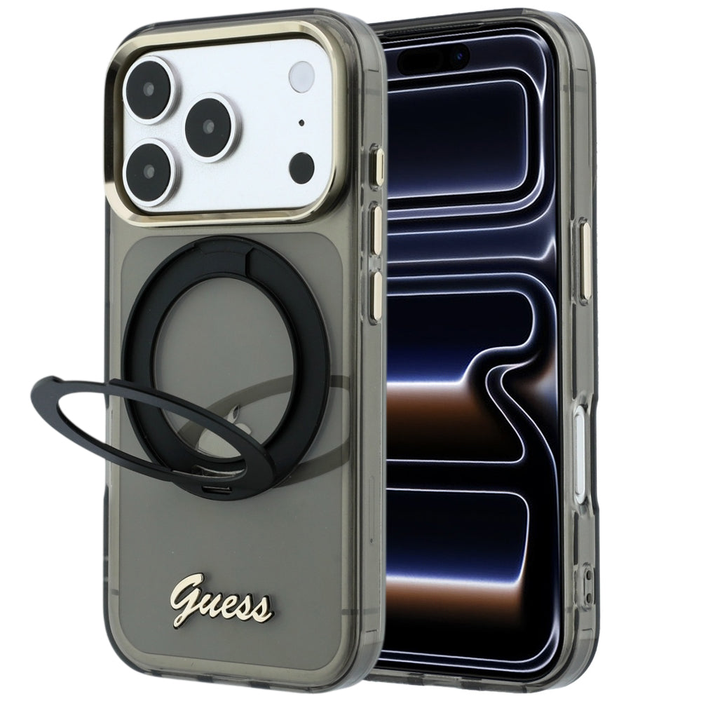 MagSafe-deksel for Apple iPhone 18 Pro / 17 Pro, Guess, Ring Stand Script Metallogo, Svart