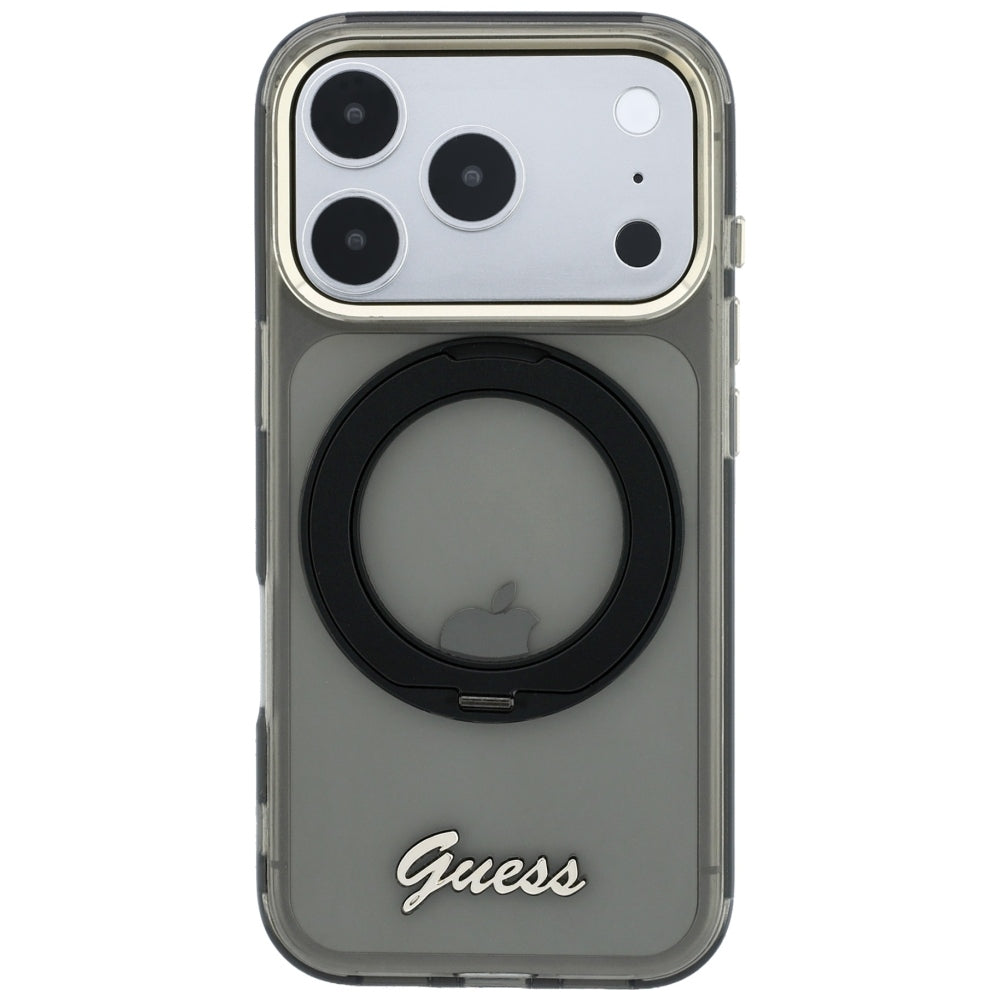 MagSafe-deksel for Apple iPhone 18 Pro / 17 Pro, Guess, Ring Stand Script Metallogo, Svart