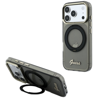 MagSafe-deksel for Apple iPhone 18 Pro / 17 Pro, Guess, Ring Stand Script Metallogo, Svart