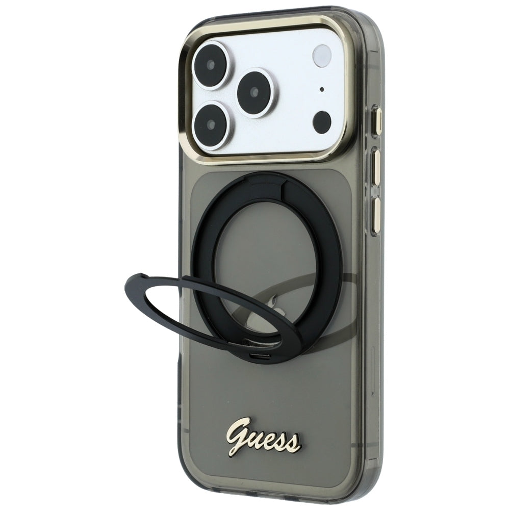 MagSafe-deksel for Apple iPhone 18 Pro / 17 Pro, Guess, Ring Stand Script Metallogo, Svart