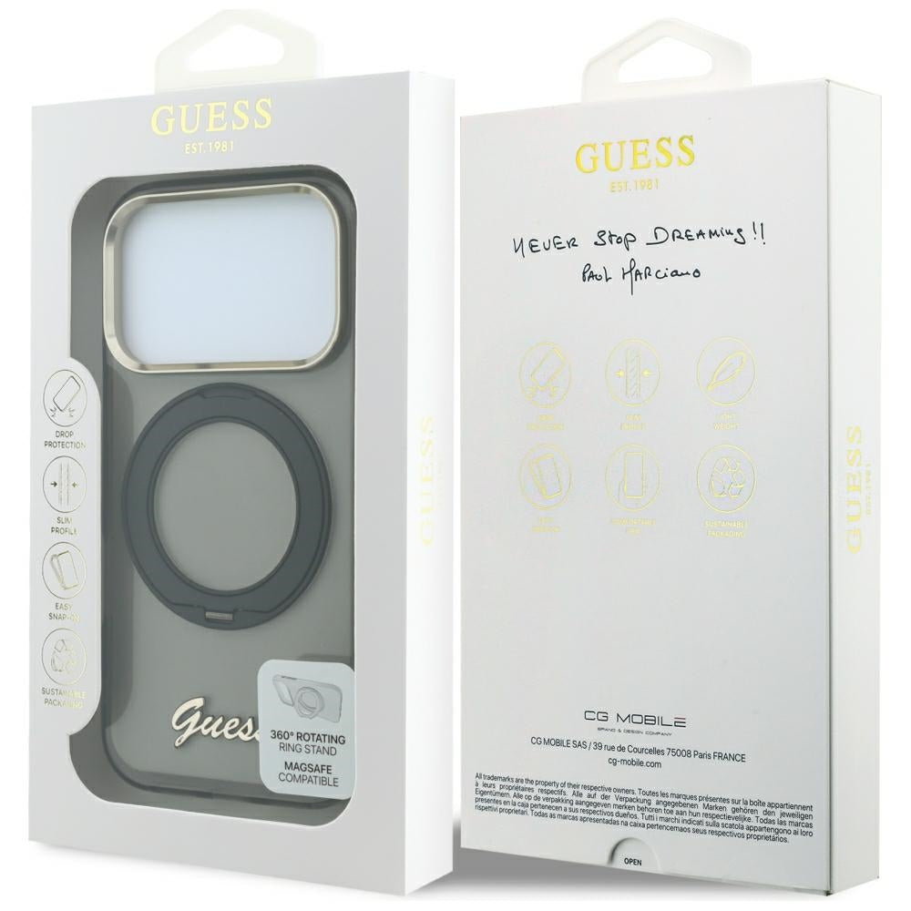 MagSafe-deksel for Apple iPhone 18 Pro / 17 Pro, Guess, Ring Stand Script Metallogo, Svart