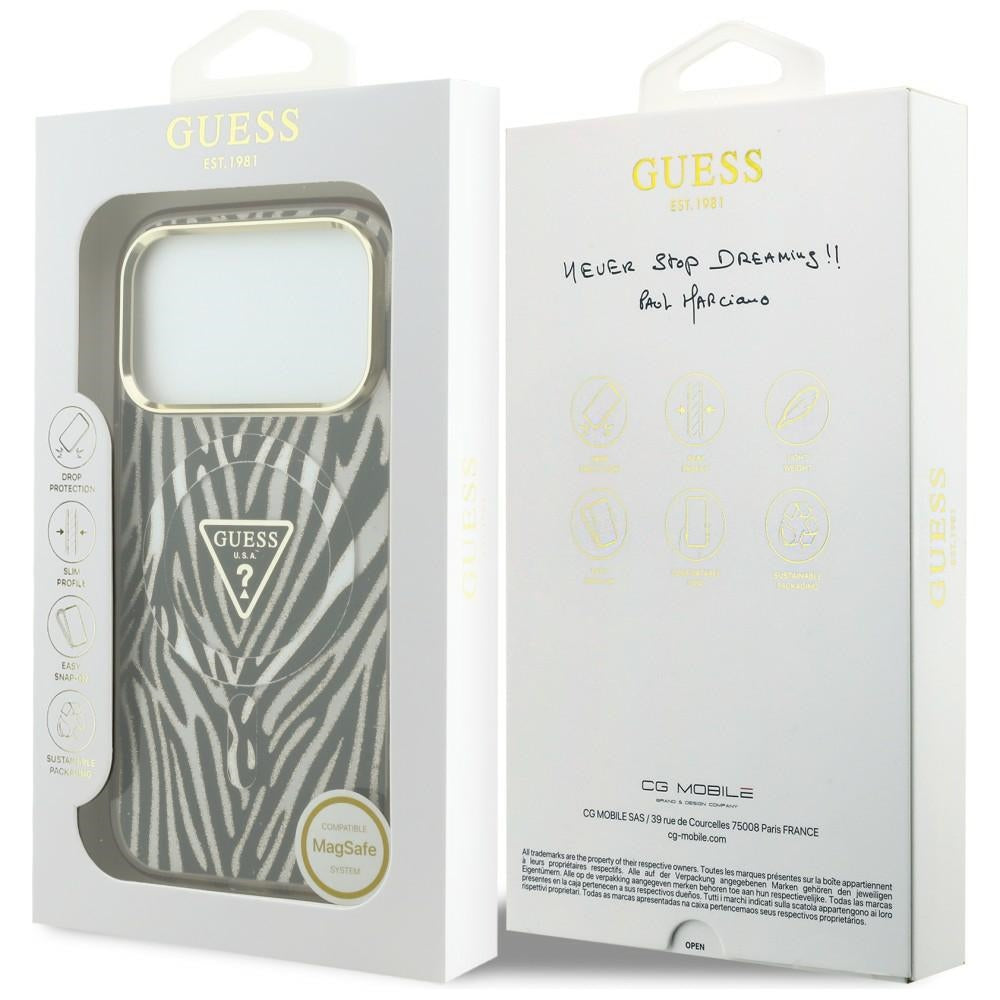 MagSafe-deksel for Apple iPhone 18 Pro / 17 Pro, Guess, Zebra Glitter Triangle Logo, Gull