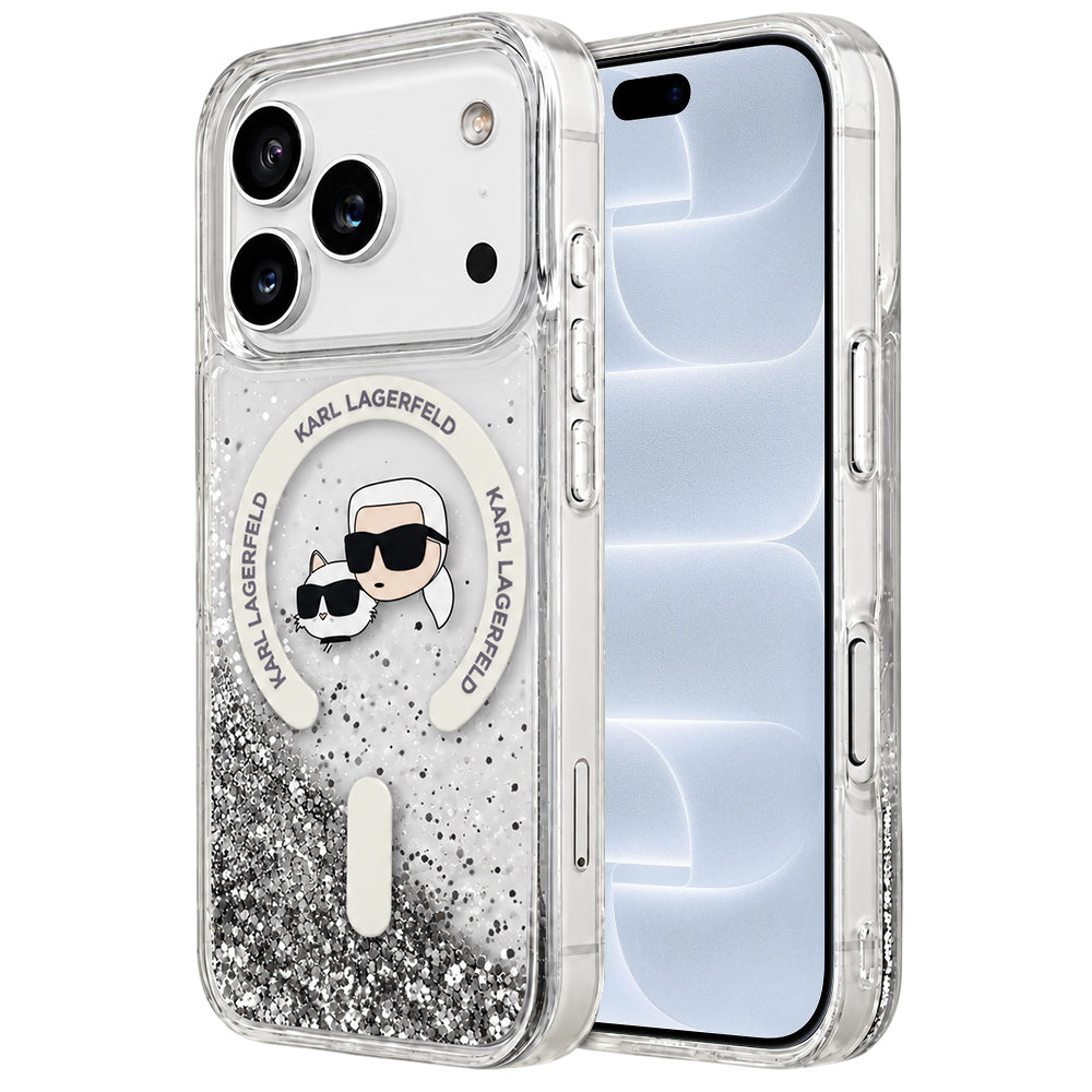 MagSafe-deksel for Apple iPhone 18 Pro / 17 Pro, Karl Lagerfeld, Liquid Glitter Karl & Choupette Head's, Transparent
