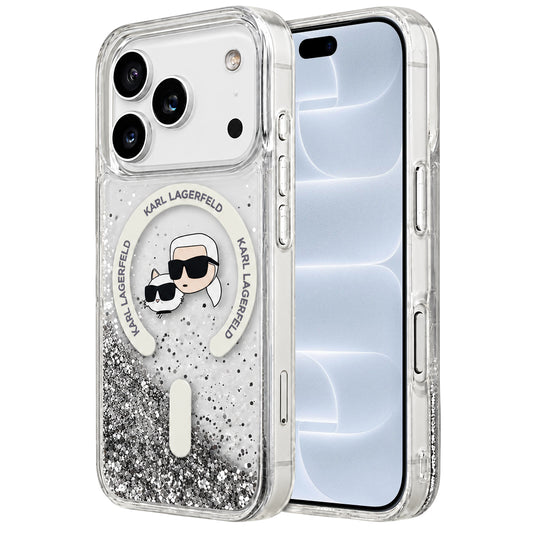 MagSafe-deksel for Apple iPhone 18 Pro / 17 Pro, Karl Lagerfeld, Liquid Glitter Karl & Choupette Head's, Transparent