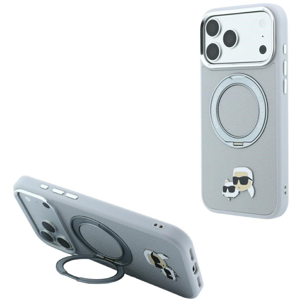 MagSafe-deksel til Apple iPhone 18 Pro / 17 Pro, Karl Lagerfeld, Ring Stand 360 Karl & Choupette Pin, grå