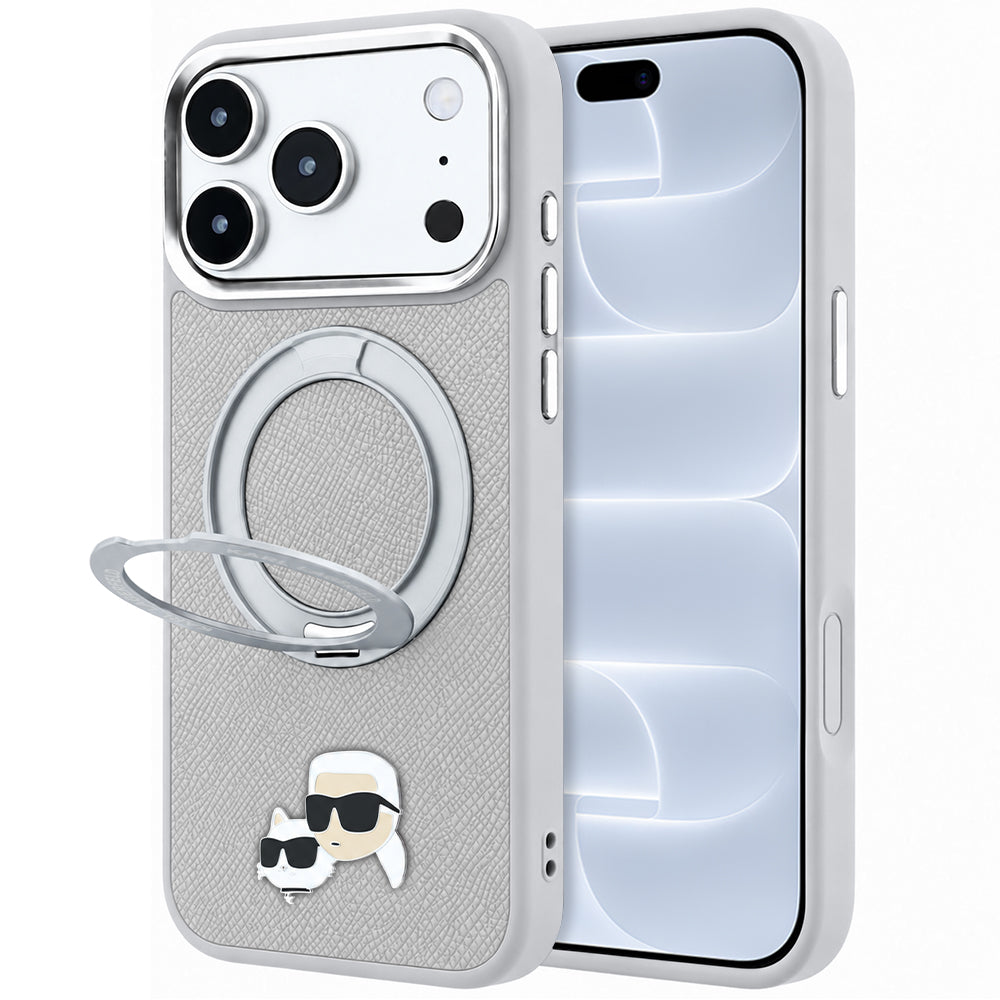 MagSafe-deksel til Apple iPhone 18 Pro / 17 Pro, Karl Lagerfeld, Ring Stand 360 Karl & Choupette Pin, grå