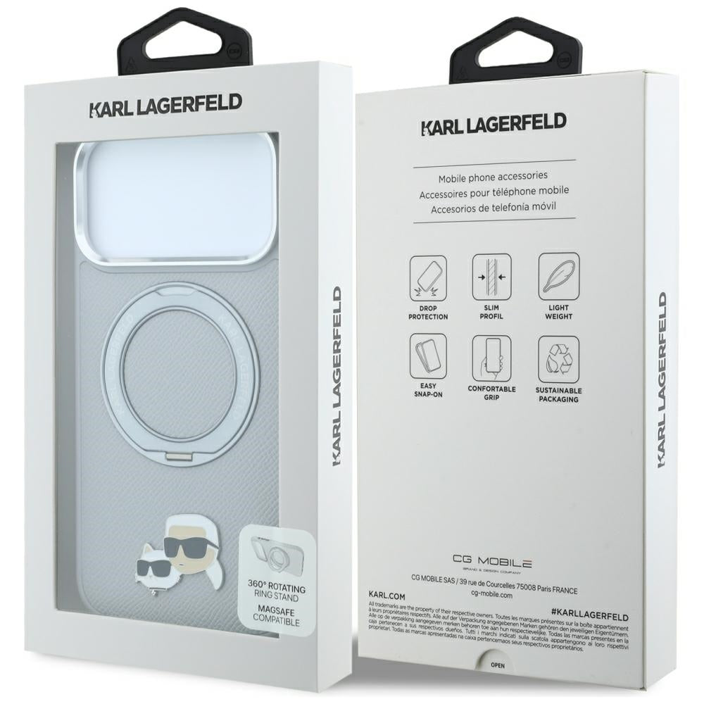 MagSafe-deksel til Apple iPhone 18 Pro / 17 Pro, Karl Lagerfeld, Ring Stand 360 Karl & Choupette Pin, grå