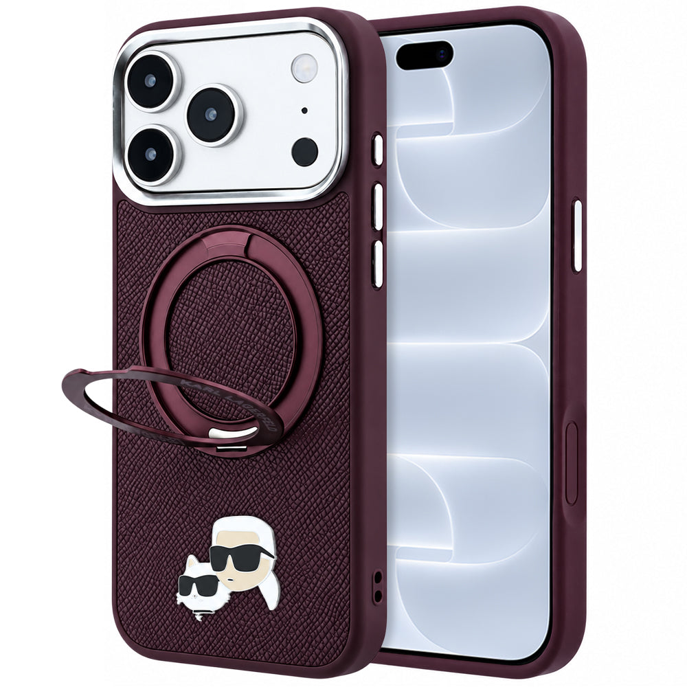 MagSafe-deksel for Apple iPhone 18 Pro / 17 Pro, Karl Lagerfeld, Ring Stand 360 Karl & Choupette Pin, Burgunder