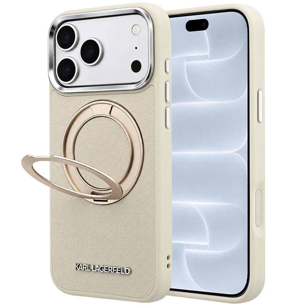 MagSafe-deksel til Apple iPhone 18 Pro / 17 Pro, Karl Lagerfeld, Ring Stand 360 Saffiano, beige