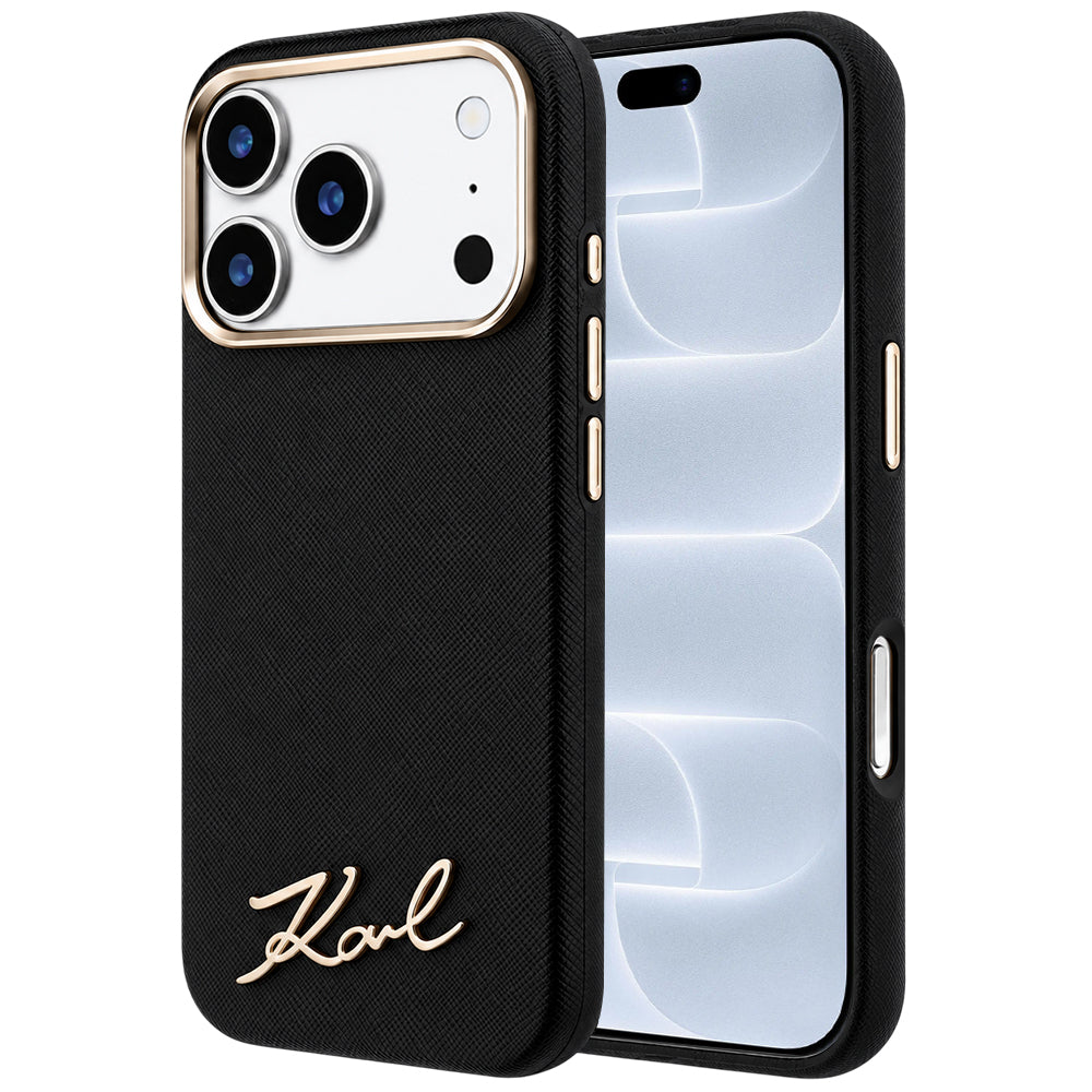 MagSafe-deksel for Apple iPhone 18 Pro / 17 Pro, Karl Lagerfeld, Saffiano Small Script Metal Logo, Svart