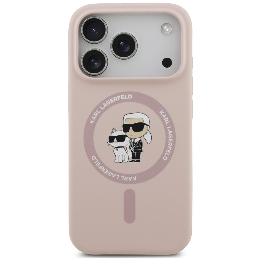 MagSafe-deksel til Apple iPhone 18 Pro / 17 Pro, Karl Lagerfeld, silikonring med Karl & Choupette, rosa