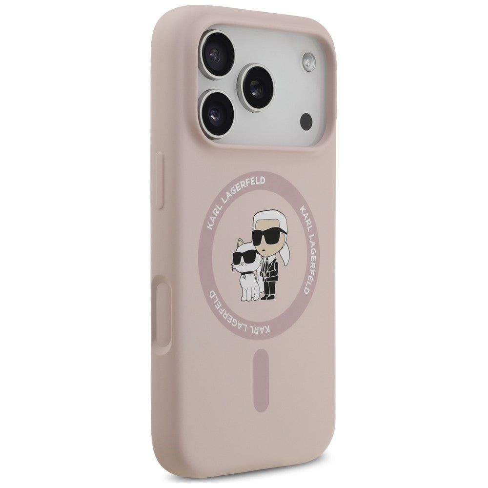 MagSafe-deksel til Apple iPhone 18 Pro / 17 Pro, Karl Lagerfeld, silikonring med Karl & Choupette, rosa