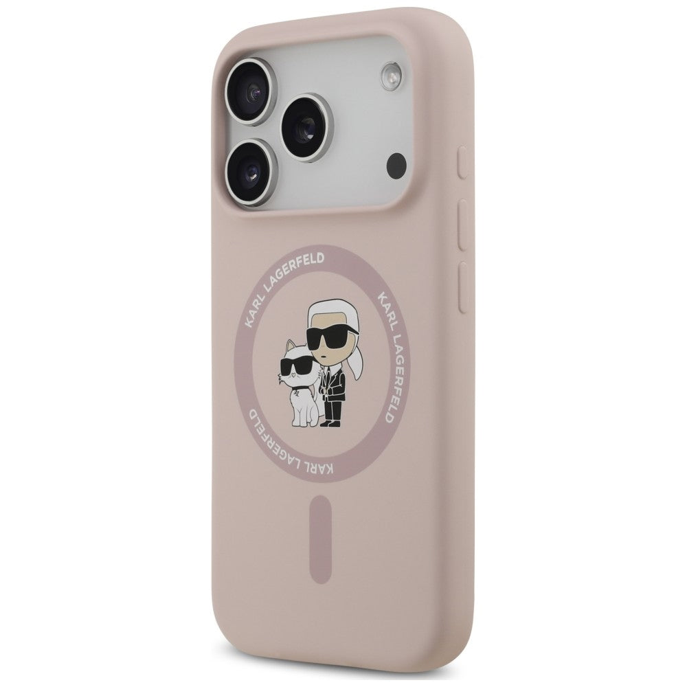 MagSafe-deksel til Apple iPhone 18 Pro / 17 Pro, Karl Lagerfeld, silikonring med Karl & Choupette, rosa