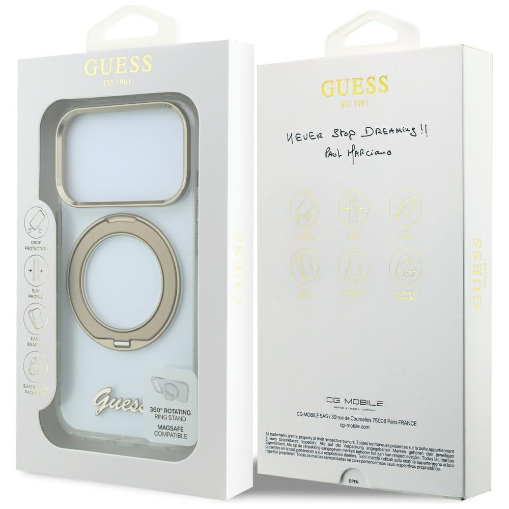 MagSafe-deksel for Apple iPhone 18 Pro, Guess, Ring Stand Script Metallogo, Transparent