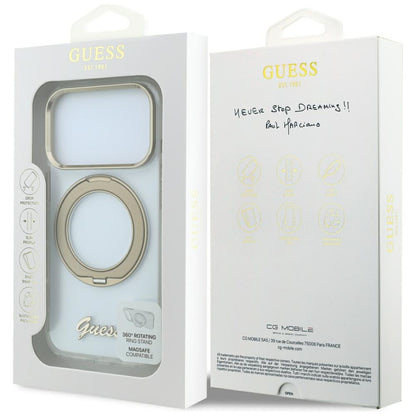 MagSafe-deksel for Apple iPhone 18 Pro, Guess, Ring Stand Script Metallogo, Transparent