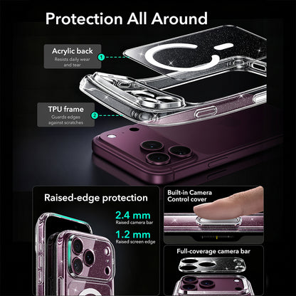 MagSafe-deksel for Apple iPhone 18 Pro Max / 17 Pro Max, ESR, Classic Hybrid Shimmer, Transparent