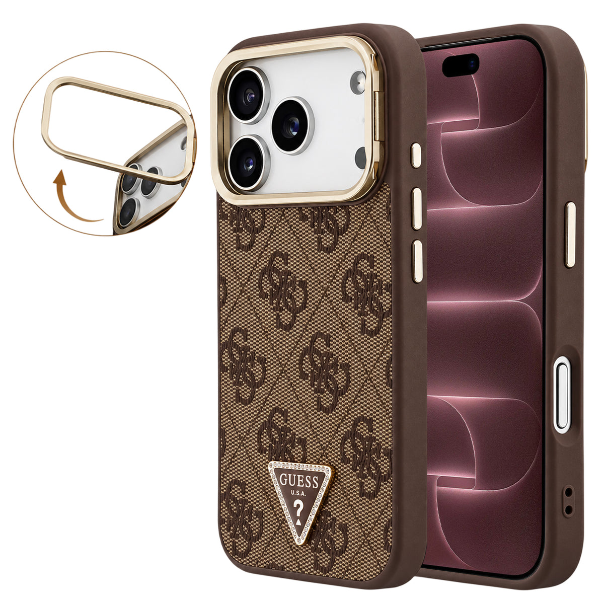 MagSafe-deksel til Apple iPhone 18 Pro Max / 17 Pro Max, Guess, 4G Triangle Logo & kamerastativ, brun
