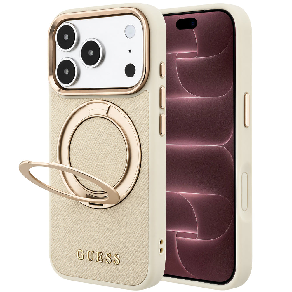 MagSafe-deksel for Apple iPhone 18 Pro Max / 17 Pro Max, Guess, Grained Ring Stand 360 Classic, Beige