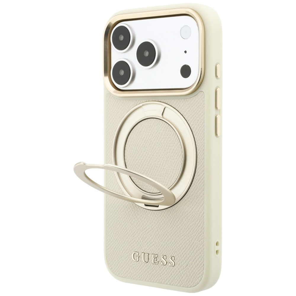 MagSafe-deksel for Apple iPhone 18 Pro Max / 17 Pro Max, Guess, Grained Ring Stand 360 Classic, Beige