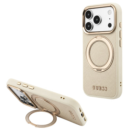 MagSafe-deksel for Apple iPhone 18 Pro Max / 17 Pro Max, Guess, Grained Ring Stand 360 Classic, Beige
