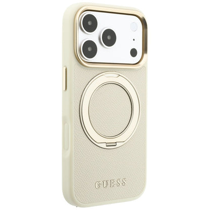 MagSafe-deksel for Apple iPhone 18 Pro Max / 17 Pro Max, Guess, Grained Ring Stand 360 Classic, Beige