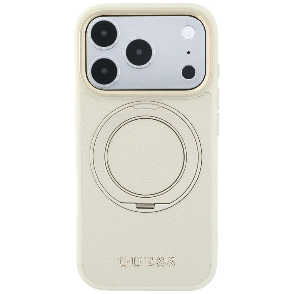 MagSafe-deksel for Apple iPhone 18 Pro Max / 17 Pro Max, Guess, Grained Ring Stand 360 Classic, Beige