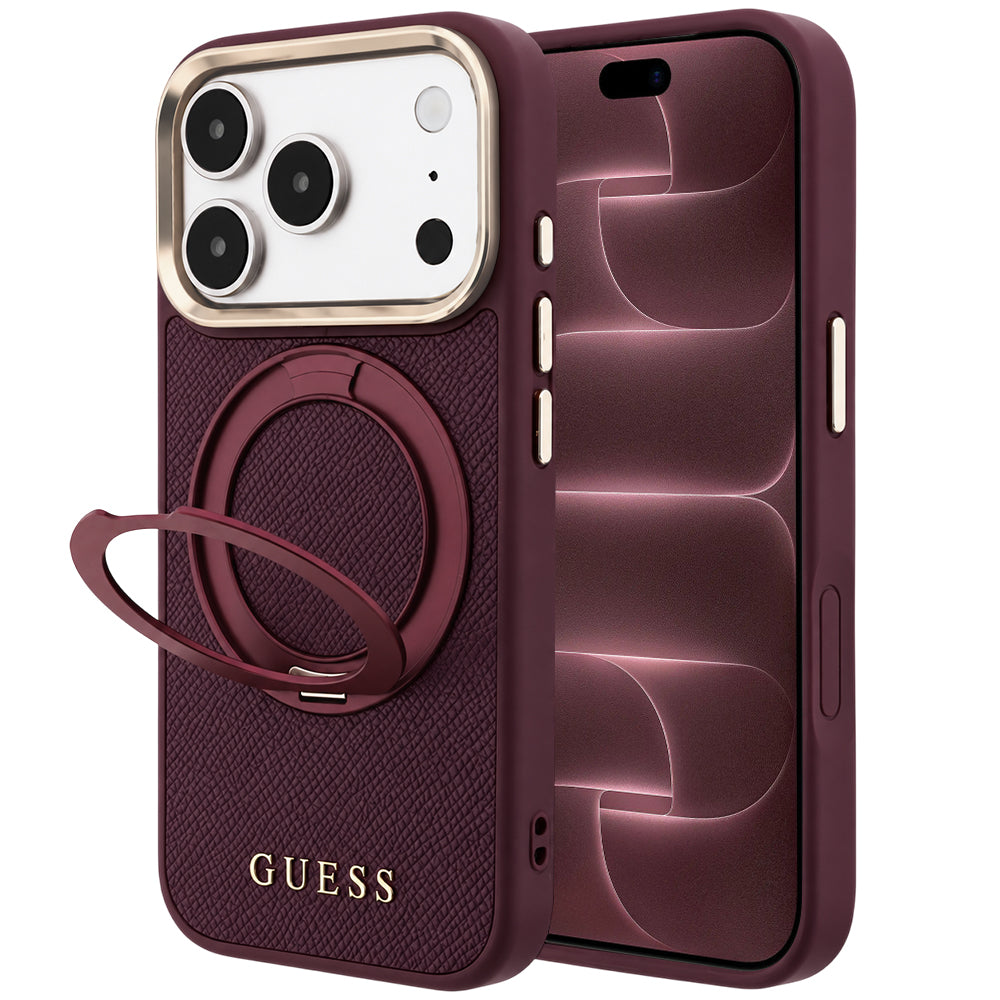 MagSafe-deksel for Apple iPhone 18 Pro Max / 17 Pro Max, Guess, Grained Ring Stand 360 Classic, Burgunder