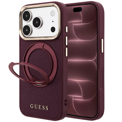 MagSafe-deksel for Apple iPhone 18 Pro Max / 17 Pro Max, Guess, Grained Ring Stand 360 Classic, Burgunder