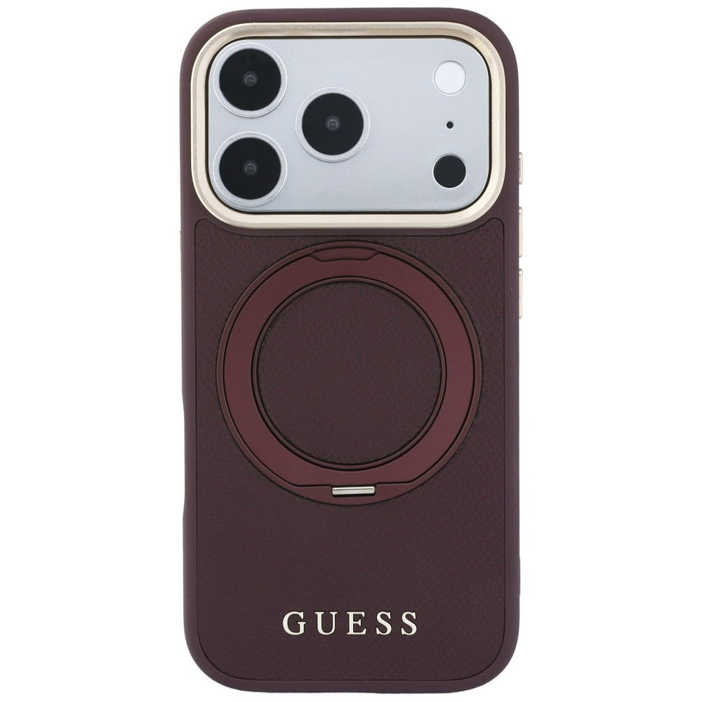 MagSafe-deksel for Apple iPhone 18 Pro Max / 17 Pro Max, Guess, Grained Ring Stand 360 Classic, Burgunder