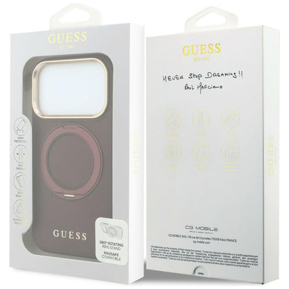 MagSafe-deksel for Apple iPhone 18 Pro Max / 17 Pro Max, Guess, Grained Ring Stand 360 Classic, Burgunder