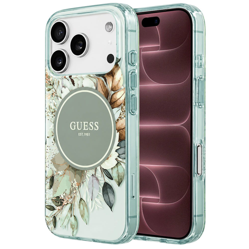 MagSafe-deksel til Apple iPhone 18 Pro Max / 17 Pro Max, Guess, IML Flower & Tonal Circle, grønn