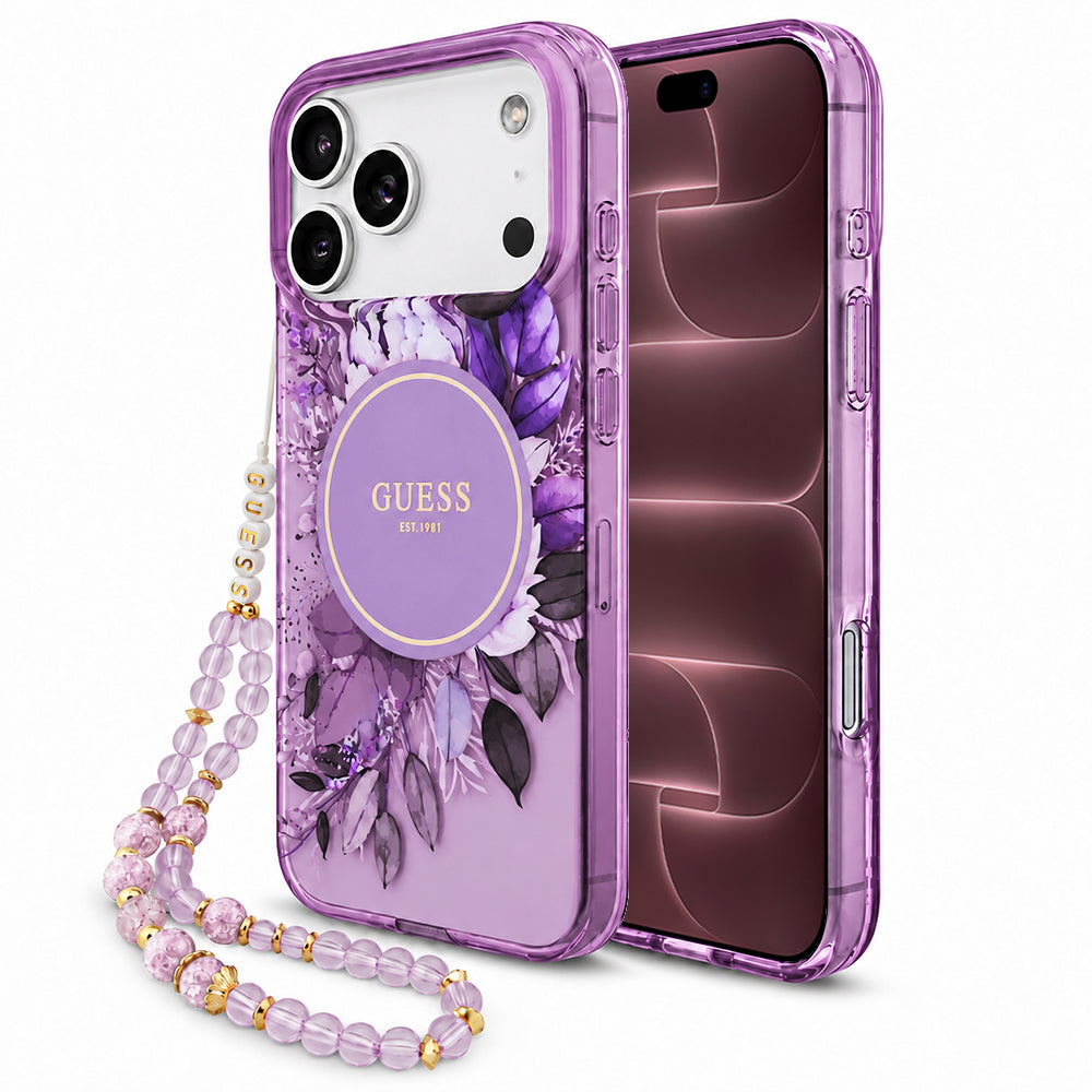 MagSafe-deksel til Apple iPhone 18 Pro Max / 17 Pro Max, Guess, IML Flowers with Pearl Strap, lilla