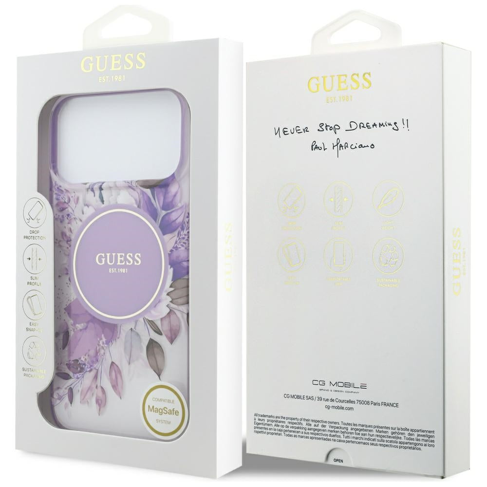 MagSafe-deksel til Apple iPhone 18 Pro Max / 17 Pro Max, Guess, IML Flowers with Pearl Strap, lilla