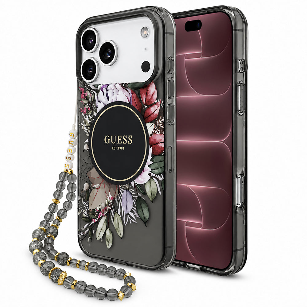 MagSafe-deksel til Apple iPhone 18 Pro Max / 17 Pro Max, Guess, IML Flowers with Pearl Strap, svart