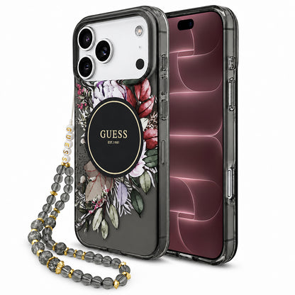 MagSafe-deksel til Apple iPhone 18 Pro Max / 17 Pro Max, Guess, IML Flowers with Pearl Strap, svart