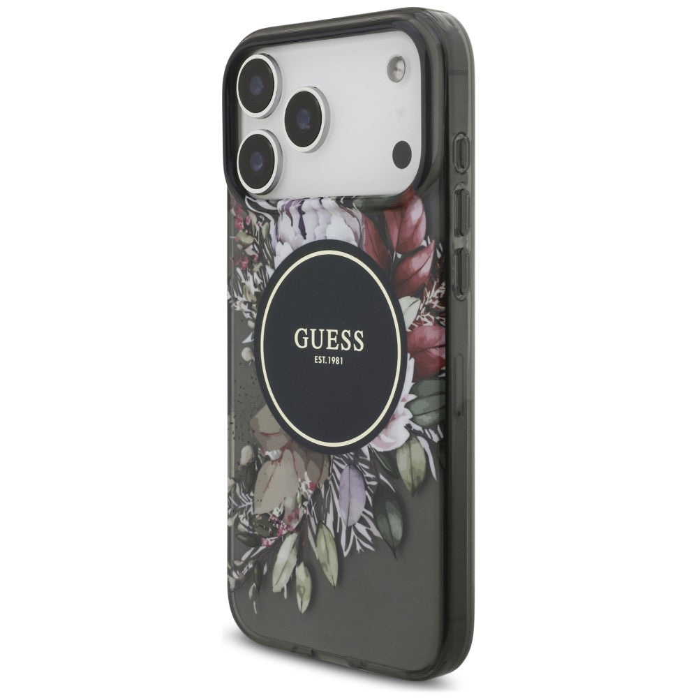 MagSafe-deksel til Apple iPhone 18 Pro Max / 17 Pro Max, Guess, IML Flowers with Pearl Strap, svart