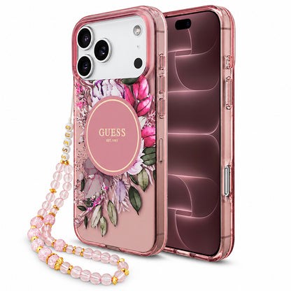 MagSafe-deksel til Apple iPhone 18 Pro Max / 17 Pro Max, Guess, IML Flowers with Pearl Strap, rosa