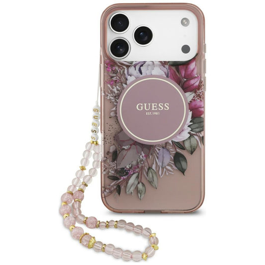 MagSafe-deksel til Apple iPhone 18 Pro Max / 17 Pro Max, Guess, IML Flowers with Pearl Strap, rosa