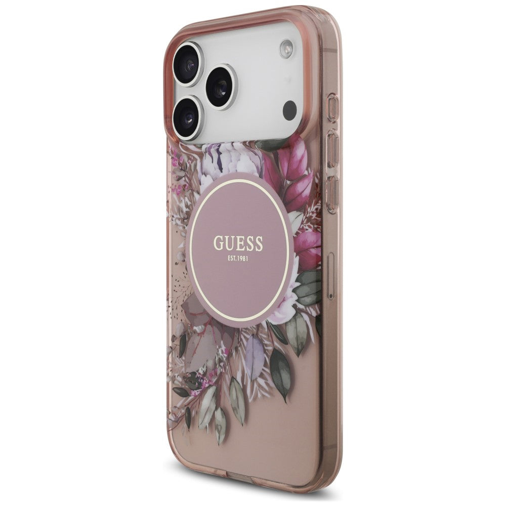 MagSafe-deksel til Apple iPhone 18 Pro Max / 17 Pro Max, Guess, IML Flowers with Pearl Strap, rosa