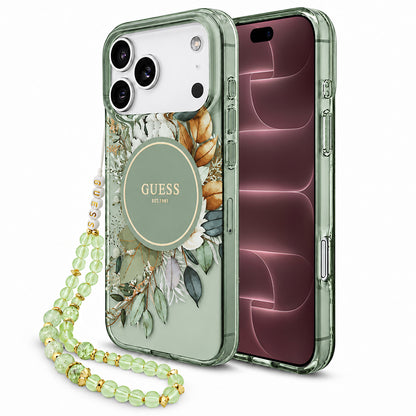 MagSafe-deksel til Apple iPhone 18 Pro Max / 17 Pro Max, Guess, IML Flowers with Pearl Strap, grønn