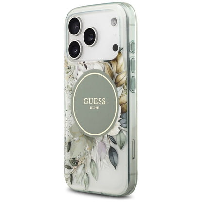 MagSafe-deksel til Apple iPhone 18 Pro Max / 17 Pro Max, Guess, IML Flowers with Pearl Strap, grønn