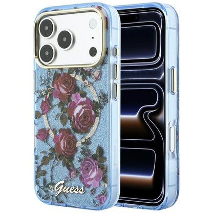MagSafe-deksel for Apple iPhone 18 Pro Max / 17 Pro Max, Guess, IML Glitter Blossom Roses, Bleu