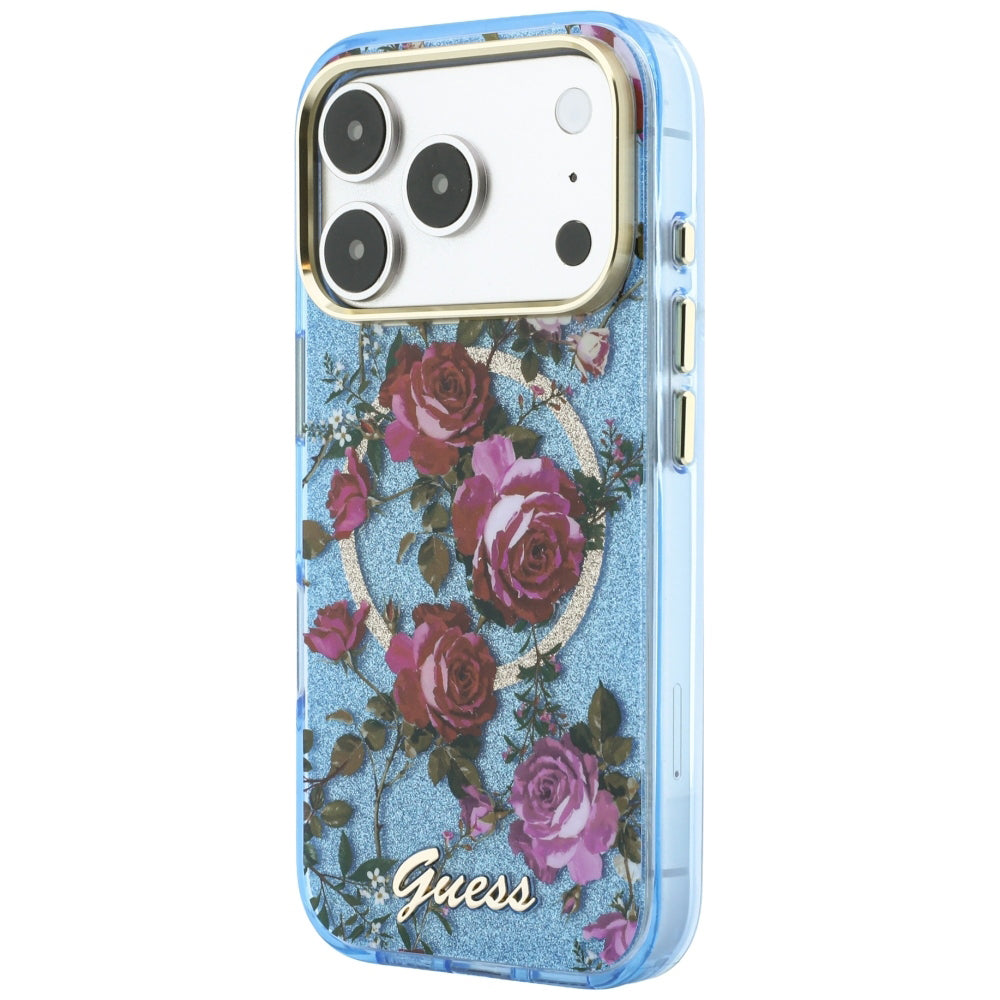 MagSafe-deksel for Apple iPhone 18 Pro Max / 17 Pro Max, Guess, IML Glitter Blossom Roses, Bleu
