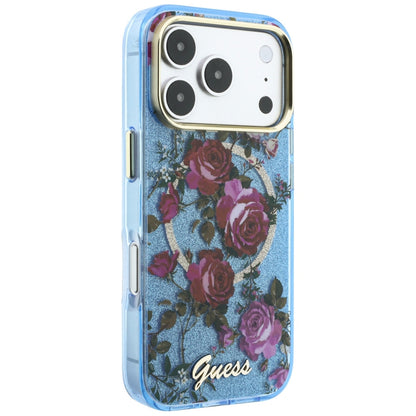MagSafe-deksel for Apple iPhone 18 Pro Max / 17 Pro Max, Guess, IML Glitter Blossom Roses, Bleu