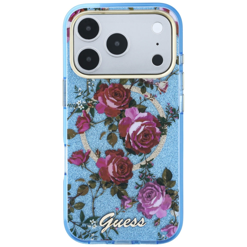 MagSafe-deksel for Apple iPhone 18 Pro Max / 17 Pro Max, Guess, IML Glitter Blossom Roses, Bleu