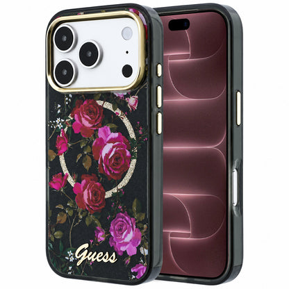 MagSafe-deksel til Apple iPhone 18 Pro Max / 17 Pro Max, Guess, IML Glitter Blossom Roses, svart