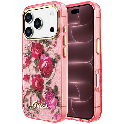 MagSafe-deksel til Apple iPhone 18 Pro Max / 17 Pro Max, Guess, IML Glitter Blossom Roses, rosa