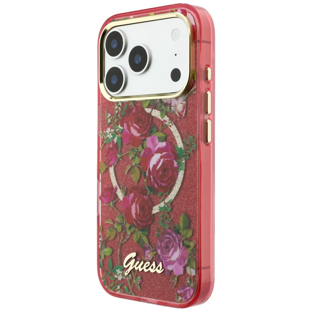 MagSafe-deksel for Apple iPhone 18 Pro Max / 17 Pro Max, Guess, IML Glitter Blossom Roses, Burgunder